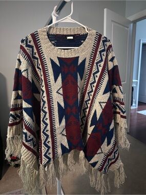 Fringe Aztec Knit Sweater - Cream, Navy & Burgundy
